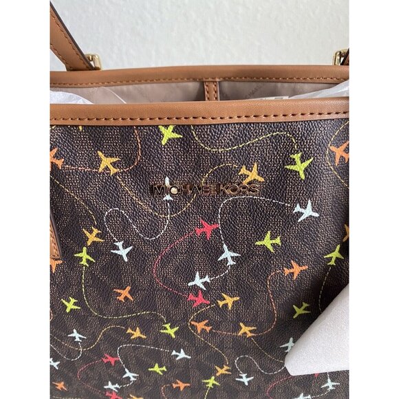 Michael Kors Jet Set Brown MultiColor Airplane Print Carryall Tote Purse Bag NEW - Picture 3 of 13